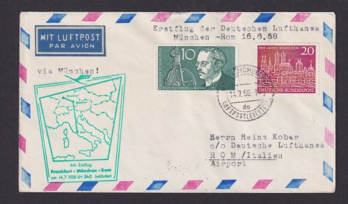 Flugpost Brief Air Mail Deutschland München Rom Italien 1958 Erstflug Lufthansa