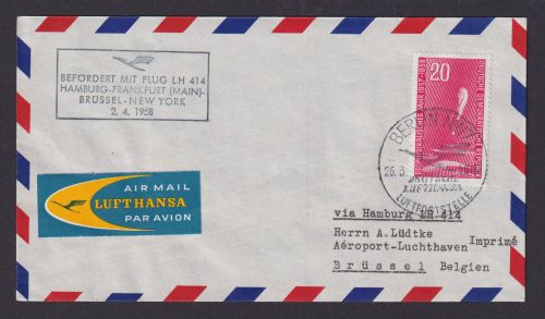 Flugpost Brief Air Mail DDR Berlin Frankfurt Brüssel Belgien LH 414 1958