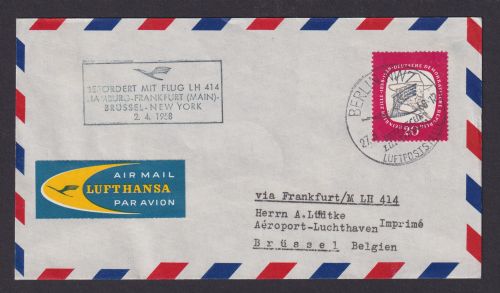 Flugpost Brief Air Mail DDR Berlin Frankfurt Brüssel Belgien LH 414 1958