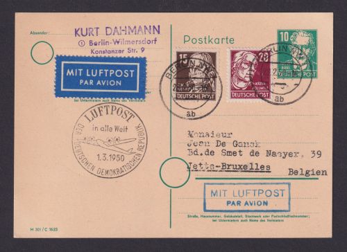 Flugpost Brief Air Mail SBZ Ganzsache P 35 02 Bebel + ZuF Berlin n Bern Schweiz