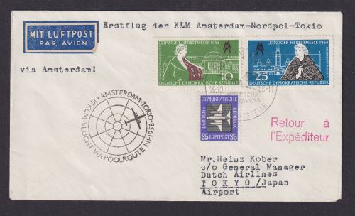 Flugpost Brief Air Mail KLM Erstflug Amsterdam Niederlande Nordpol Tokio Japan