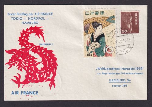 Flugpost Brief Air Mail Air france 1. Postflug Tokio Japan Nordpol Hamburg sehr