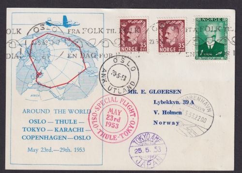 Flugpost Brief Air Mail Norwegen Special Flight Oslo Thule Tokio Japan Weltkugel