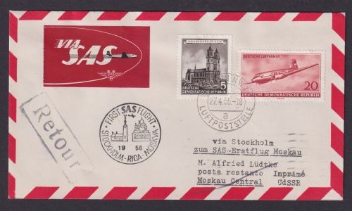 Flugpost Brief Air Mail SAS Erstflug Stockholm Schweden Riga Mosakau selt. DDR