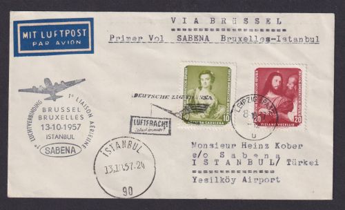 Flugpost Brief Air Mail Sabena Erstflug Brüssel Istanbul Zuleitung DDR Lufthansa