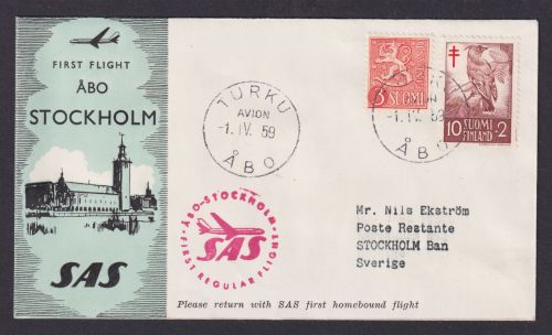 Flugpost Brief Air Mail SAS Erstflug Abo Finnland Turku nach Stockholm 1.4.1959