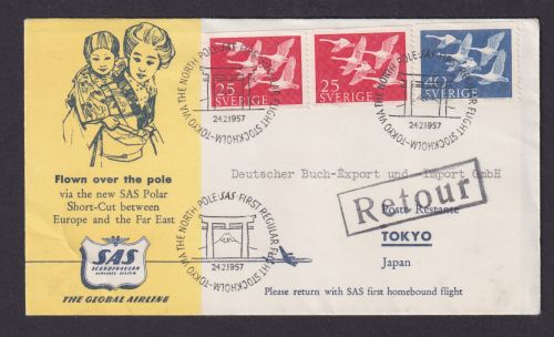Flugpost Brief Air Mail SAS Schweden Polar Flown over the Pole toller Umschlag