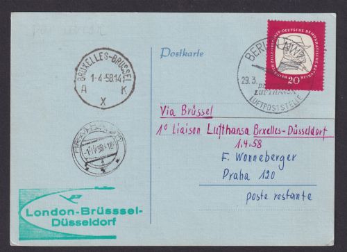 Flugpost Berlin Karte SST Deutsche Lufthansa Luftpoststelle via Brüssel Belgien
