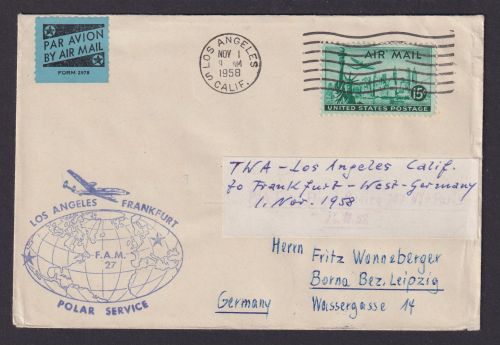 Flugpost Brief Air Mail Motiv Weltkugel Globus USA Polar Service Los Angeles