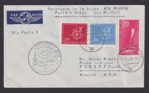 Flugpost Brief Air Mail Air France Frankreich Paris Tokio Nordpol Zuleitung DDR
