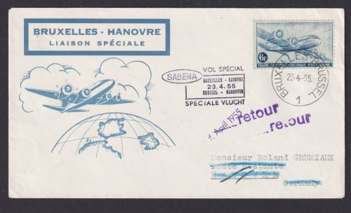 Flugpost Brief Air Mail SABENA Brüssel Belgien Weltkugel Globus Hannover