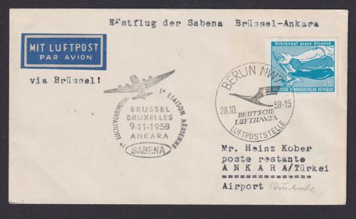 Flugpost Brief Air Mail Erstflug Lufthansa Sabena DDR Zuleitung Berlin Brüssel