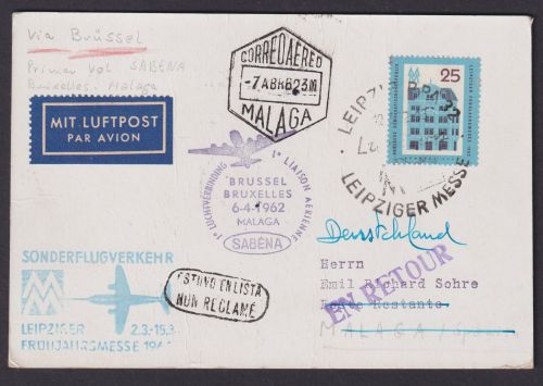 Flugpost Brief Air Mail SABENA Brüssel Belgien Malaga Spanien gute Zuleitung DDR