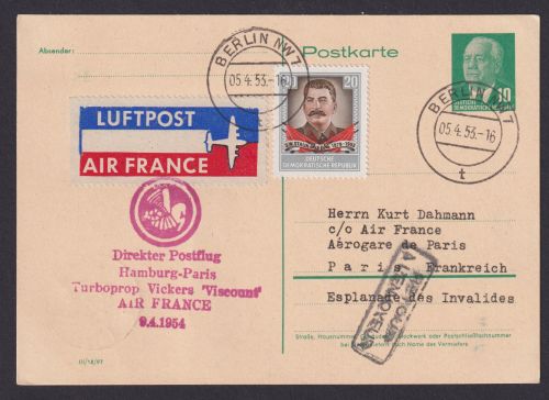 Flugpost Brief Air Mail DDR Ganzsache gute Zuleitung Air France Postflug Hamburg