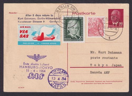 Flugpost Brief Air Mail DDR Ganzsache Pieck P 54 + ZuF SAS inter. Zuleitung