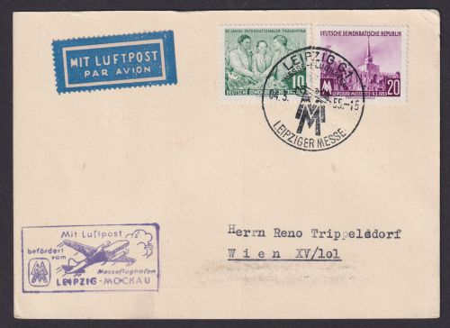 Flugpost Brief Air Mail DDR Messeflughafen Leipzig Mockau Wien Österreich 1955