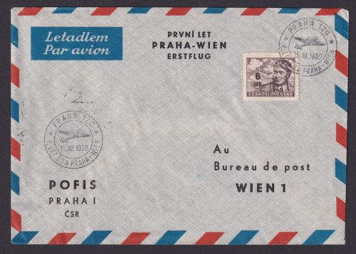 Flugpost Airmail Tschechoslowakei Brief Wien 1 Österreich EF Aufdruck 15.12.1950