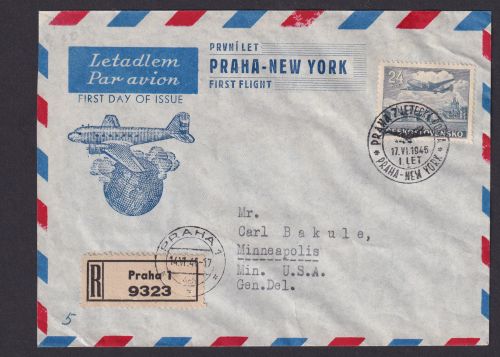 Flugpost Brief Air Mail Tschechoslowakei Prag New York USA Flugzeug ü. Erdkugel