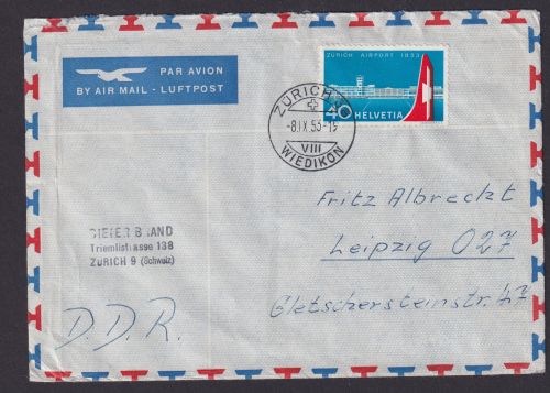 Flugpost Brief Airmail EF 585 Flughafen Zürich Wiedikon Kloten n. Leipzig