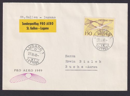 Flugpost Brief 518 Air Mail Schweiz St. Gallen Lugano 27.4.1949 Buchs Aarau FDC