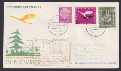 Flugpost Brief Airmail Bund Heuss Wiederaufnahme Naher Osten Lufthansa 1956