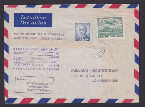 Flugpost Brief KLM Amsterdam Johannesburg Afrika Zuleitung Tschechoslowakei