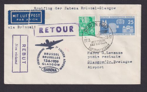 Flugpost Brief Air Mail SABENA Brüssel Belgien Gassgow Schootland selt. DDR