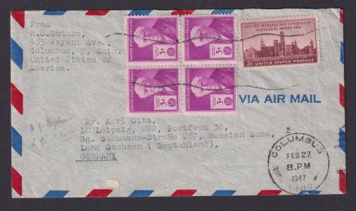 Flugpost Brief Air Mail USA Viererblock Columbus Ohio Leipzig Sachsen Russische