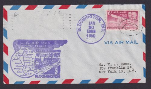 Flugpost Brief Air Mail USA Bloomington Indiana Erstflug New York 30.1.1950