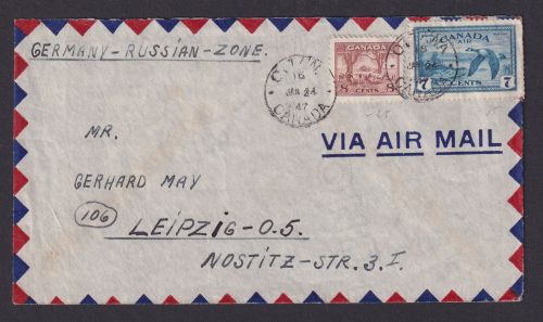 Flugpost Brief Air Mail Kanada Ottawa schöne MIF nach Leipzig 24.1.1947