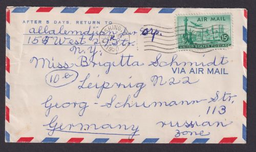 Flugpost Brief Air Mail USA Flushing Queens New York nach Leipzig 16.6.1950