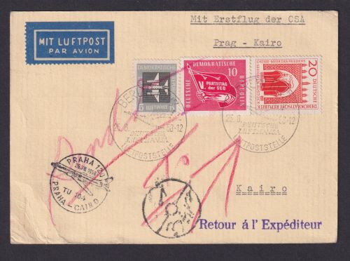 Flugpost Brief Air Mail DDR Berlin Prag Tschechien Kairo Ägypten 1958