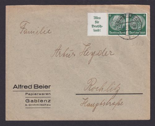 Zusammendruck Hindenburg Crimmitschau Sachsen Deutsches Reich Brief SST