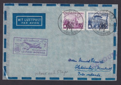 Flugpost Brief Air Mail DDR Messeflughafen Leipzig Mockau nach Helsinki Finnland