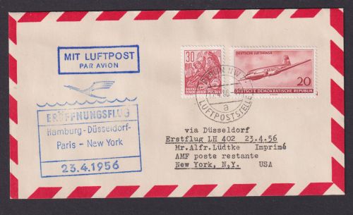 Flugpost Brief Air Mail Lufthansa Hamburg Düsseldorf Paris New York Zuleitung