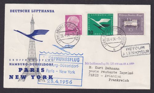 Flugpost Brief Air Mail Deutschland Hamburg Düsseldorf Paris New York USA 1956
