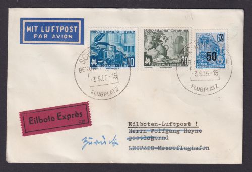 Flugpost Brief Air Mail Eilboten DDR Schönefld Leipzig Retour 1956