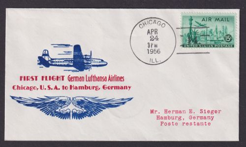 Flugpost Brief Air Mail Lufthansa Chicago Illionois hamburg 1956 Flugzeug