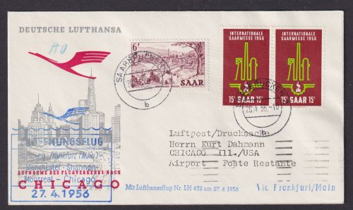 Flugpost Brief Air Mail Deutschland Saarland Saarbrücken Chicago USA 1956