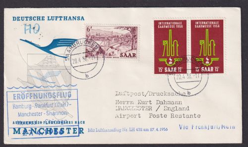 Flugpost Brief Air Mail Saarland Lufthansa LH 432 Hamburg Frankfurt Manchester