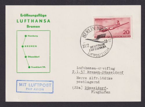 Flugpost Brief Air Mail Luftahnsa Erstflug Bremen Düsseldorf DDR Zuleitung
