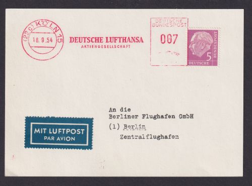 Flugpost Brief Air Mail Bund AFS Absenderfreistempel Lufthansa plus ZuF Heuss