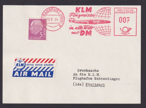 Flugpost Brief Air Mail Bund AFS Absenderfreistempel KLM plus ZuF 5 Pfg. Heuss