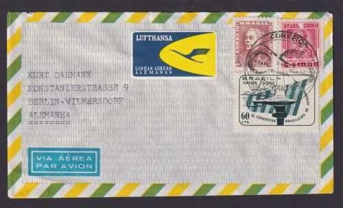 Flugpost Brief Air Mail Lufthansa Brasilien Berlin Wilmersdorf via Frankfurt der