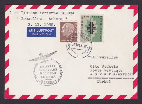 Flugpost Brief Air Mail Sabena Erstflug Brüssel Belgien Ankara Türkei Esslingen