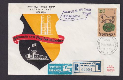 Flugpost Brief Air Mail Israel First El al Britannia Lod München Einschreiben