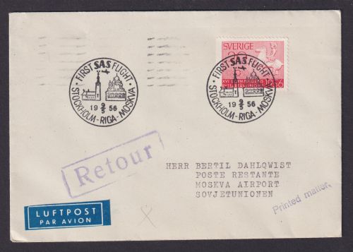 Flugpost Brief Air Mail SAS Schweden Erstflug Stockholm Riga Lettland Moskau