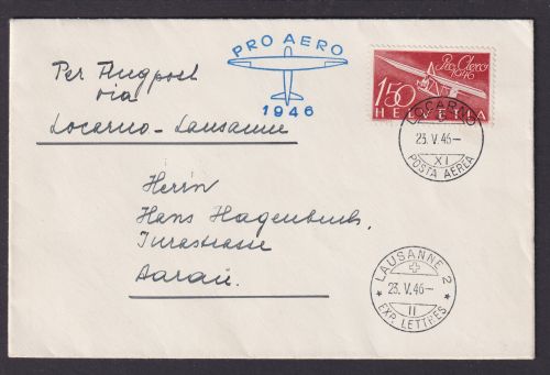 Flugpost Brief Air Mail Schweiz Locarno Lausanne PRO AERO1946