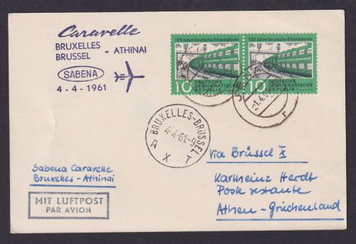 Flugpost Brief Air Mail SABENA Brüssel Belgien Athen Griechenland Zuleitung DDR
