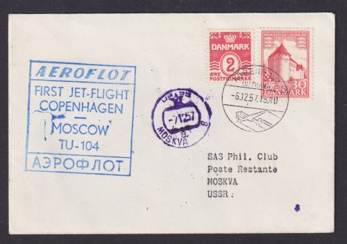 Flugpost Brief Air Mail Dänemark Aeroflot Kopenhagen Moskau Sowjetunion 6.12.57